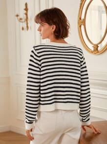 Poéselle 条纹扇贝边纽扣前开衫、长袖上衣、秋冬针织毛衣 - 黑與白 - 查看 2