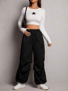 SHEIN x Carly Lawrence SHEIN PETITE 带盖口袋、侧边抽绳下摆、降落伞黑色裤子 - 黑色 - 查看 6