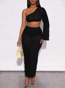 BamGleam 單肩短款上衣&鉛筆裙 - 黑色 - 查看 3