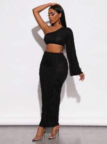 BamGleam 單肩短款上衣&鉛筆裙 - 黑色 - 查看 4