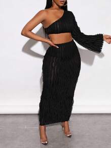 BamGleam 單肩短款上衣&鉛筆裙 - 黑色 - 查看 5