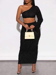 BamGleam 單肩短款上衣&鉛筆裙 - 黑色 - 查看 6