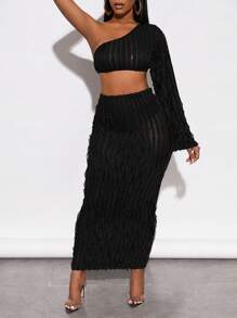 BamGleam 單肩短款上衣&鉛筆裙 - 黑色 - 查看 7