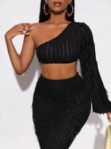 BamGleam 單肩短款上衣&鉛筆裙 - 黑色 - 查看 8