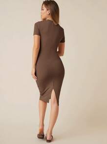 SHEIN BASICS 開衩下擺包臀連衣裙 - 摩卡棕 - 查看 5