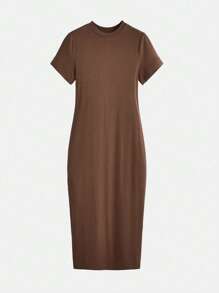 SHEIN BASICS 開衩下擺包臀連衣裙 - 摩卡棕 - 查看 6