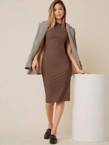 SHEIN BASICS 開衩下擺包臀連衣裙 - 摩卡棕 - 查看 7