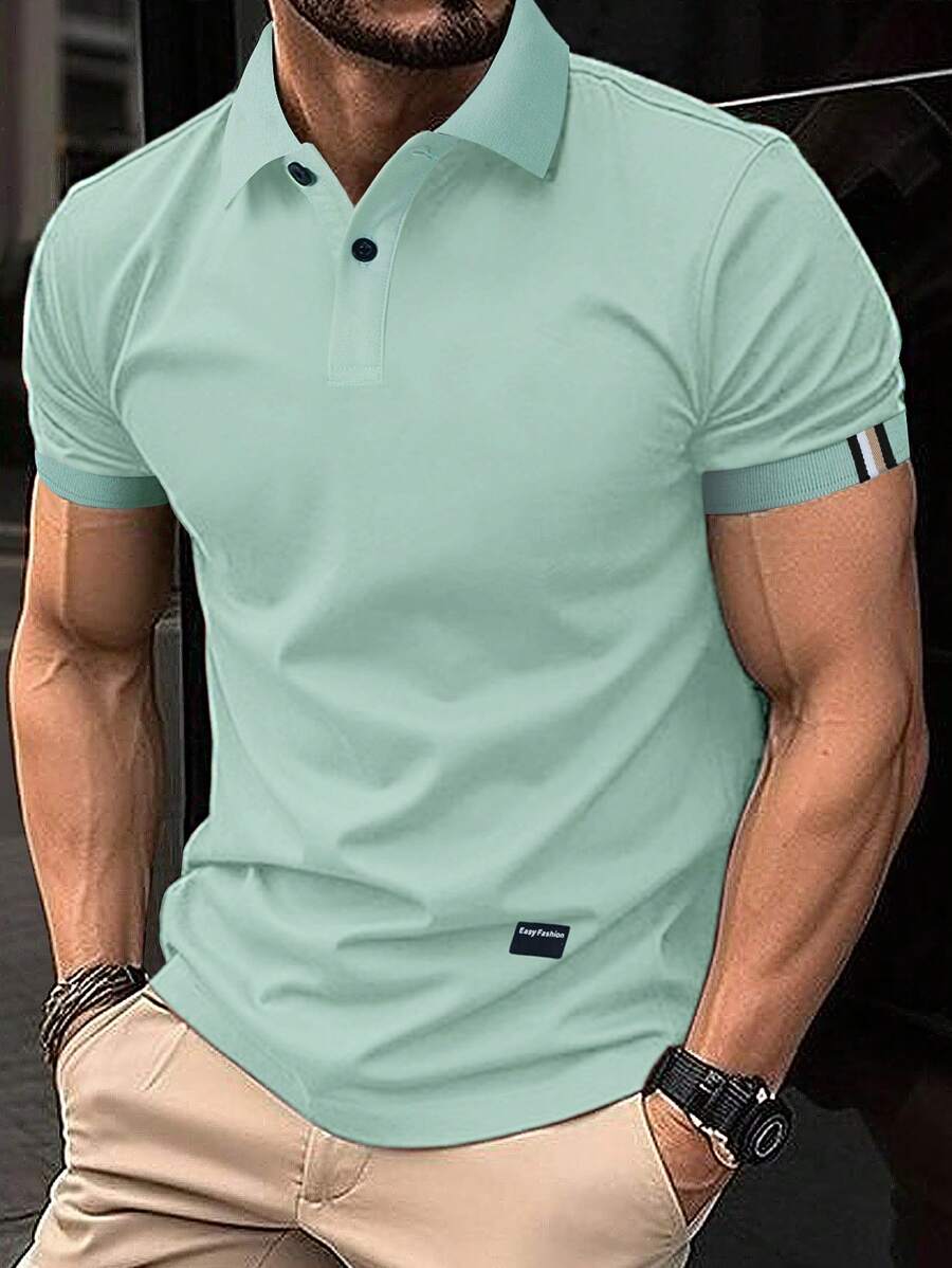 Manfinity Homme Áo thun nam có chi tiết vá áo polo có cổ có cổ áo polo dành cho chồng - Màu xanh Bạc hà - Xem 1