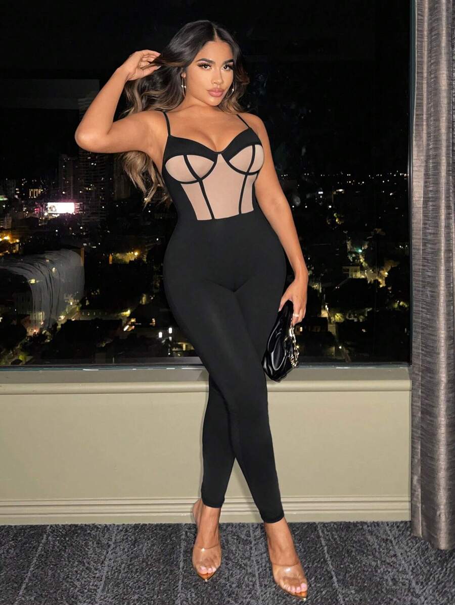 SHEIN SXY Two Tone Contrast Mesh Bustier Cami Unitard Jumpsuit Party Outfit - Black - View 1