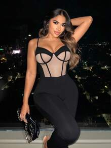 SHEIN SXY Two Tone Contrast Mesh Bustier Cami Unitard Jumpsuit Party Outfit - Black - View 3
