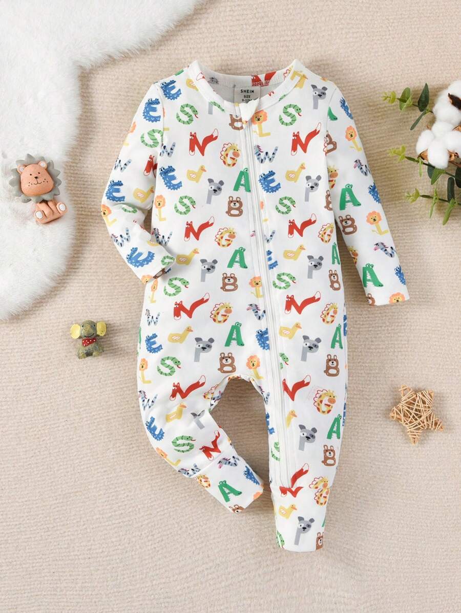 Baby Boy Snug Fit Animal Print Zip Up Jumpsuit - White - View 1