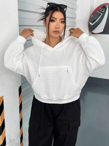 SHEIN MOOSTA Áo nỉ cỡ lớn có túi kangaroo, vai rớt, dây rút. - trắng - Xem 3