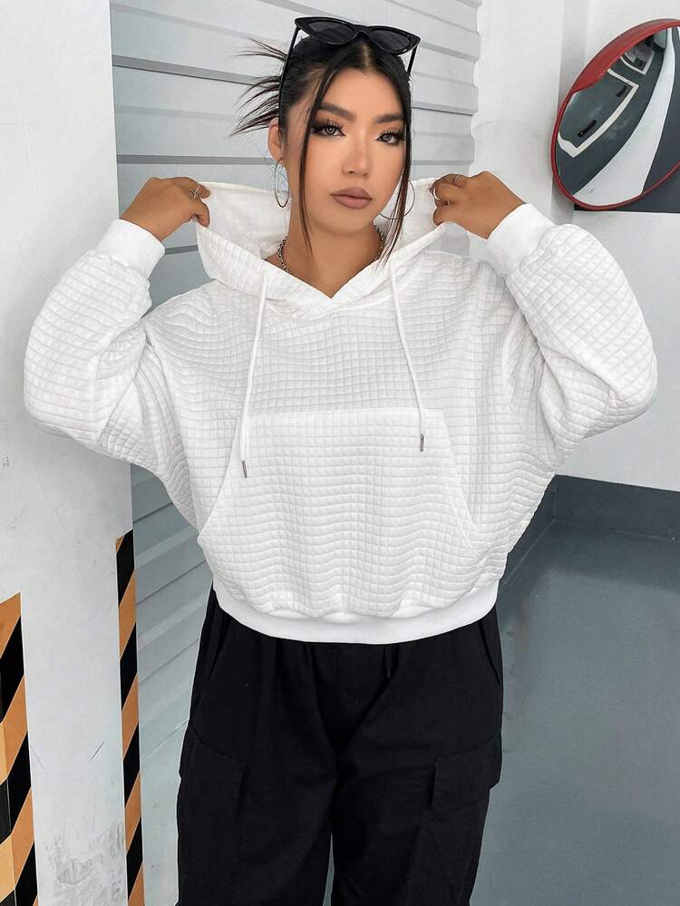 SHEIN MOOSTA Áo nỉ cỡ lớn có túi kangaroo, vai rớt, dây rút. - trắng - Xem 3