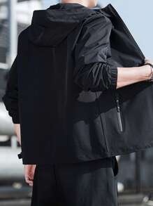 男士拉鏈開襟抽繩連帽夾克 - 黑色 - 查看 2