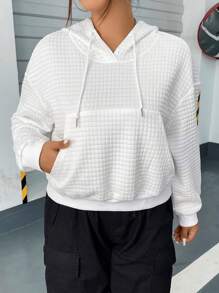 SHEIN MOOSTA Áo nỉ cỡ lớn có túi kangaroo, vai rớt, dây rút. - trắng - Xem 6