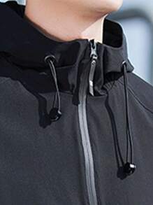 男士拉鏈開襟抽繩連帽夾克 - 黑色 - 查看 4