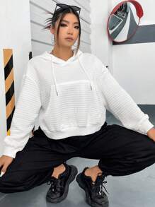 SHEIN MOOSTA Áo nỉ cỡ lớn có túi kangaroo, vai rớt, dây rút. - trắng - Xem 2