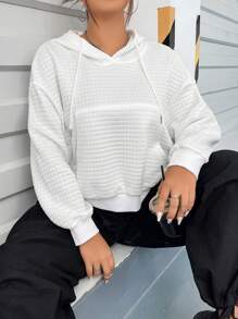 SHEIN MOOSTA Áo nỉ cỡ lớn có túi kangaroo, vai rớt, dây rút. - trắng - Xem 8