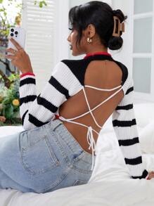 Aveloria Striped Pattern Crisscross Tie Backless Crop Sweater Knit Pullover Fall Winter Outfit