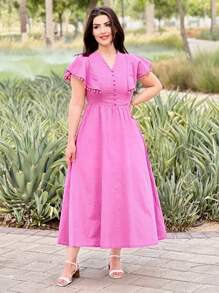 Seusyu Pompom Kant Knappar Framtill Klänningar - Blåröd - Visa 8