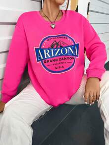 Flirla 大碼山與標語圖案落肩袖運動衫 - 粉色 - 查看 3