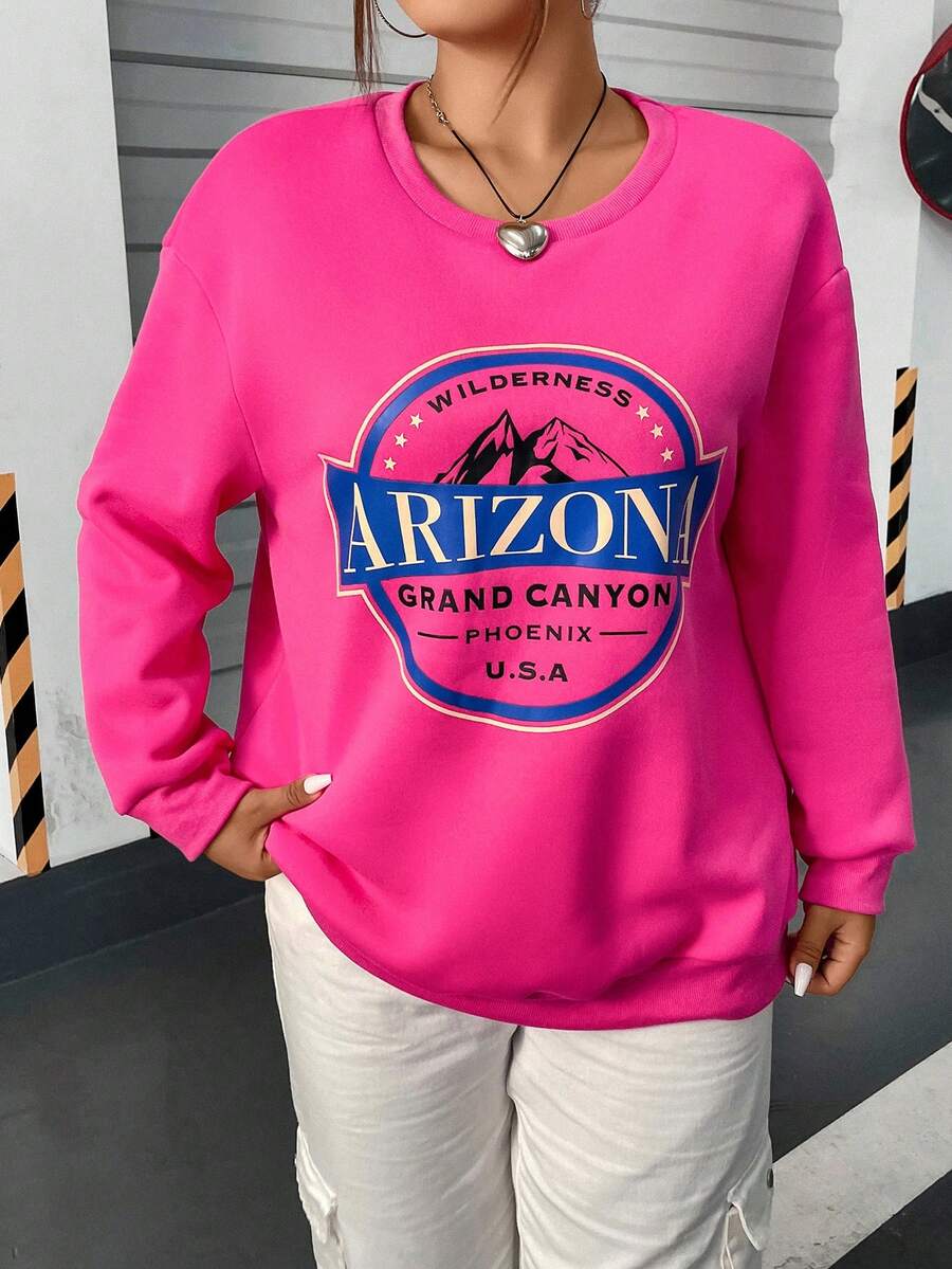 Flirla 大碼山與標語圖案落肩袖運動衫 - 粉色 - 查看 1