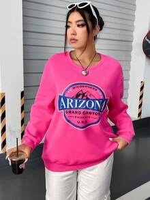 Flirla 大碼山與標語圖案落肩袖運動衫 - 粉色 - 查看 4