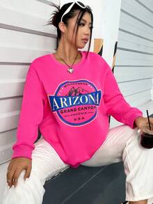 Flirla 大碼山與標語圖案落肩袖運動衫 - 粉色 - 查看 6