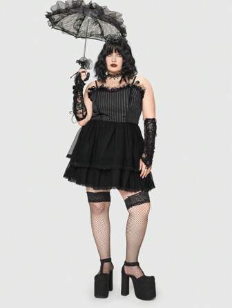 Goth Talla grande Top de tirantes de rayas de malla en contraste