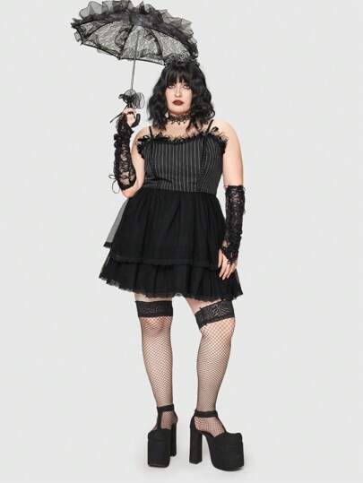 Goth Talla grande Top de tirantes de rayas de malla en contraste