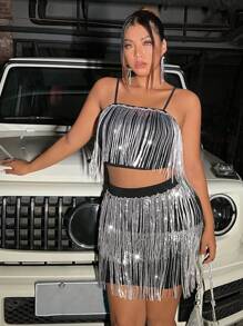 Flirla Plus Fringe Trim Cami Top & Bodycon Skirt - Black - View 5