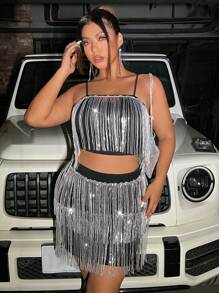 Flirla Plus Fringe Trim Cami Top & Bodycon Skirt - Black - View 6