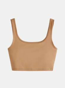 SHEIN BASICS 大圓領素色短款背心 - 卡其色 - 查看 6