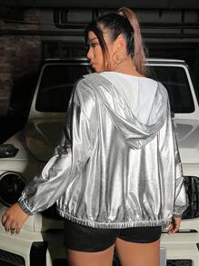 Flirla Hơn Dây kéo Thả vai áo có mũ Kim loại Áo khoác - Bạc - Xem 2