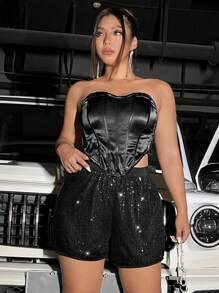 Cravure Quần short trang trí sequin cho trang phục dự tiệc ngày lễ Prom - màu đen - Xem 3