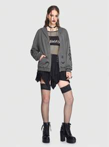 ROMWE Goth 蛇印花拉鏈開襟落肩袖連帽衫 - 灰色 - 查看 1