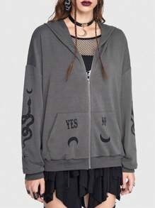 ROMWE Goth 蛇印花拉鏈開襟落肩袖連帽衫 - 灰色 - 查看 2