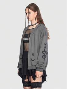ROMWE Goth 蛇印花拉鏈開襟落肩袖連帽衫 - 灰色 - 查看 4