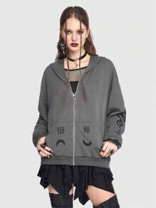 ROMWE Goth 蛇印花拉鏈開襟落肩袖連帽衫 - 灰色 - 查看 5