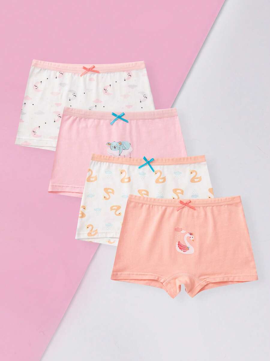 Young Girl 4pcs Swan Print Bow Front Boxer Brief