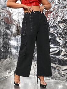 SHEIN ICON Hơn Cao eo Thùa khuyết Chi tiết Túi có nắp quần ống rộng Quần jean - màu đen - Xem 1