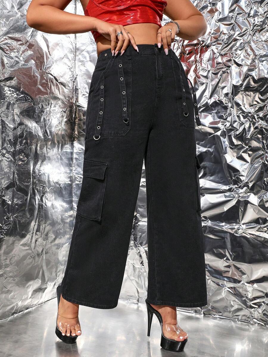 SHEIN ICON Hơn Cao eo Thùa khuyết Chi tiết Túi có nắp quần ống rộng Quần jean - màu đen - Xem 1