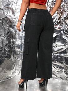 SHEIN ICON Hơn Cao eo Thùa khuyết Chi tiết Túi có nắp quần ống rộng Quần jean - màu đen - Xem 2