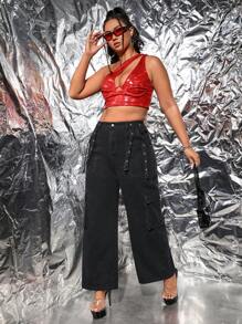 SHEIN ICON Hơn Cao eo Thùa khuyết Chi tiết Túi có nắp quần ống rộng Quần jean - màu đen - Xem 4