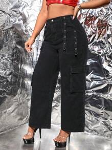 SHEIN ICON Hơn Cao eo Thùa khuyết Chi tiết Túi có nắp quần ống rộng Quần jean - màu đen - Xem 6