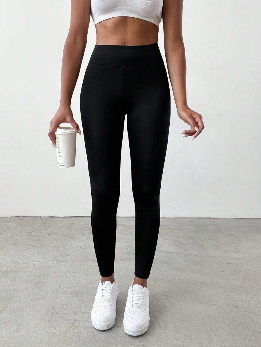 EURMUSE Solid Elastic Waist Leggings - Black - View 1