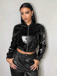 SHEIN SXY Zip Up Crop PU Leather Bomber Jacket - Black - View 5
