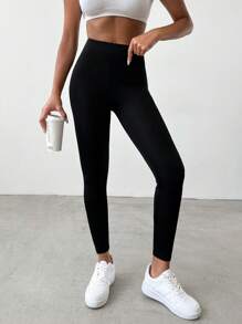 EURMUSE Solid Elastic Waist Leggings - Black - View 4