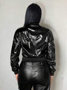 SHEIN SXY Zip Up Crop PU Leather Bomber Jacket - Black - View 2