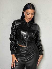 SHEIN SXY Zip Up Crop PU Leather Bomber Jacket - Black - View 3